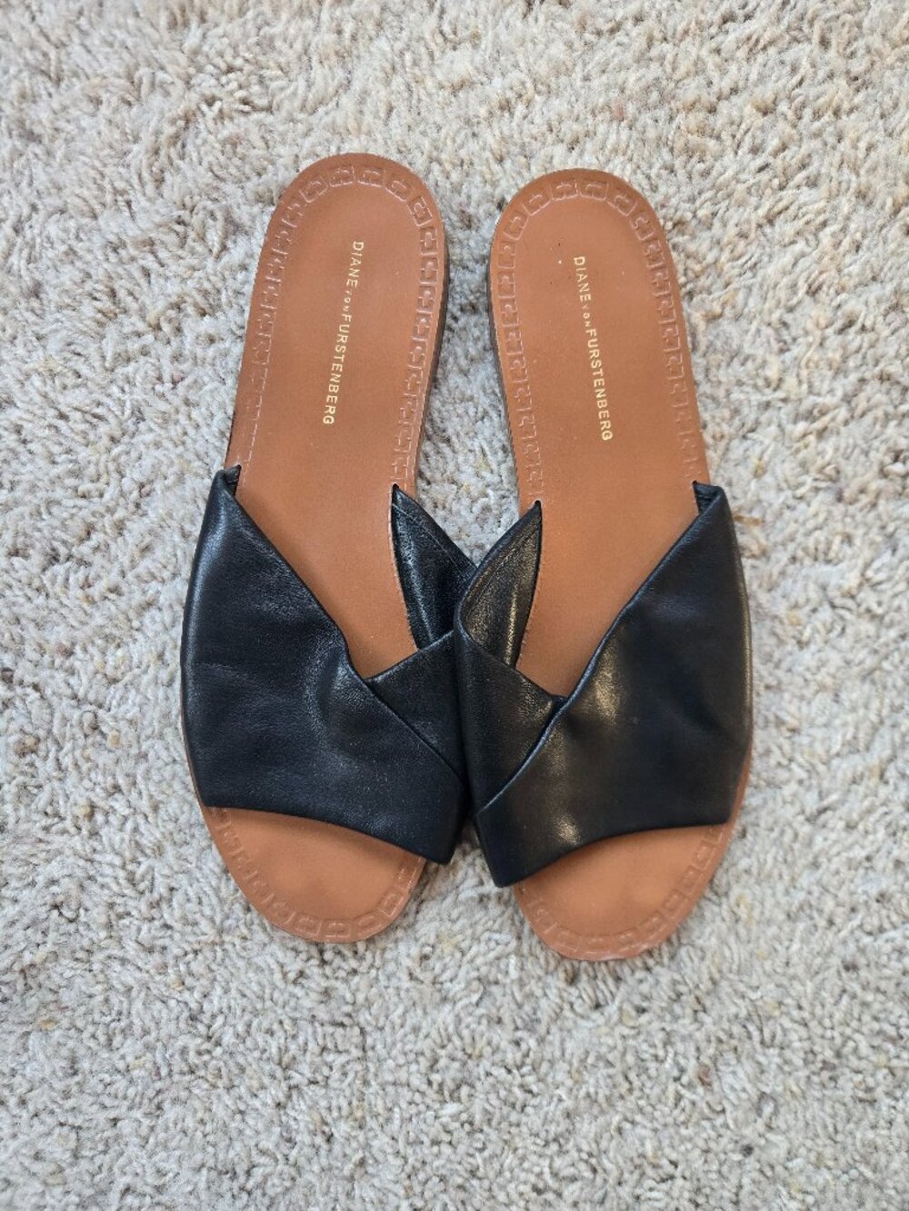 Diane von Furstenberg Black Leather Knotted Slide Sandals Women's US Size 8.5M